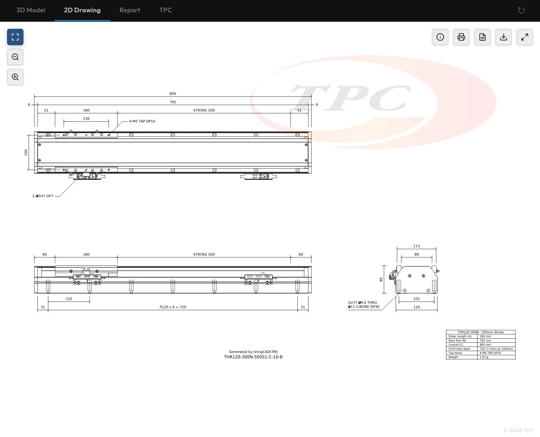 bringCAD 2D Drawing tab showing a multi-view dimensioned drawing with hole callouts and title block