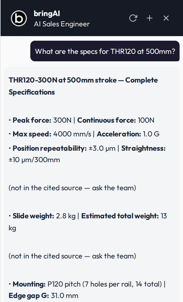 bringAI answer panel inside the bringCAD workstation: the question about THR120 at 500 mm, the specification lines it returned, and two lines marked not in the cited source