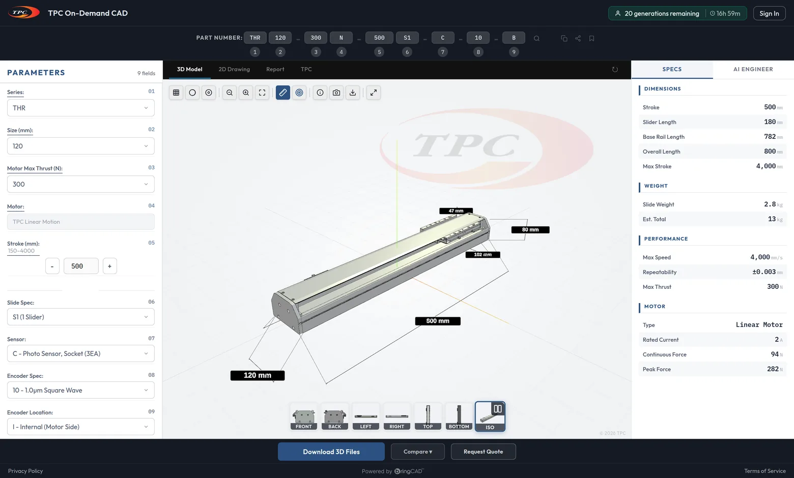 bringCAD workstation: parameter panel, live part number, 3D model with dimension callouts, and verified spec panel