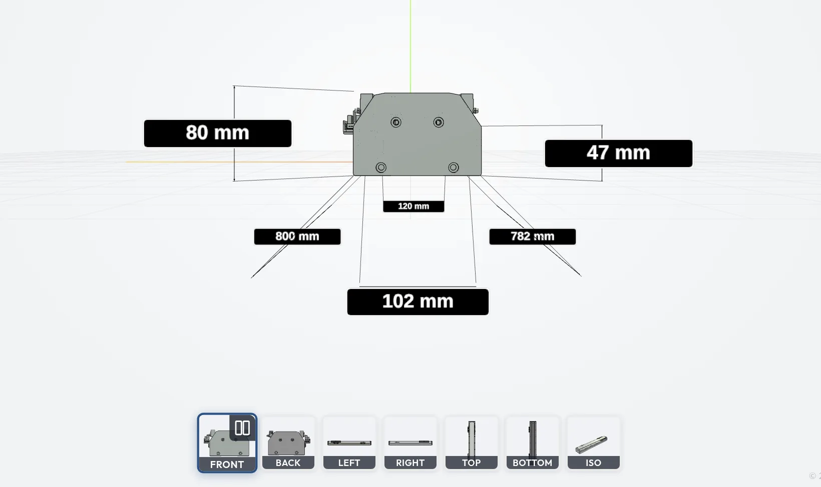 Front profile of the same actuator with dimension flags, with the seven-profile selector below